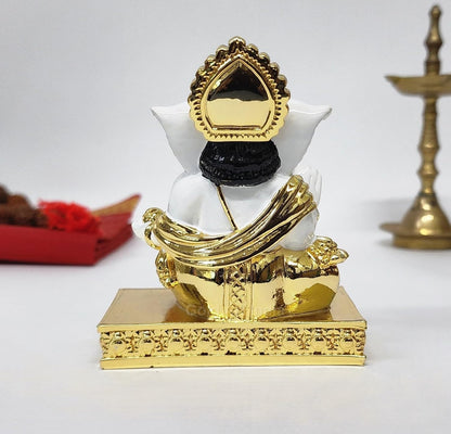 Gold Art India Gold Plated White Gaddi Ganesh Idol for Home Decor Ganesha Murti Ganpati Idol for Office Desk Puja Lord Ganesh Statue for Gifting Ganpati Idol for Mandir Pooja Room Figurine