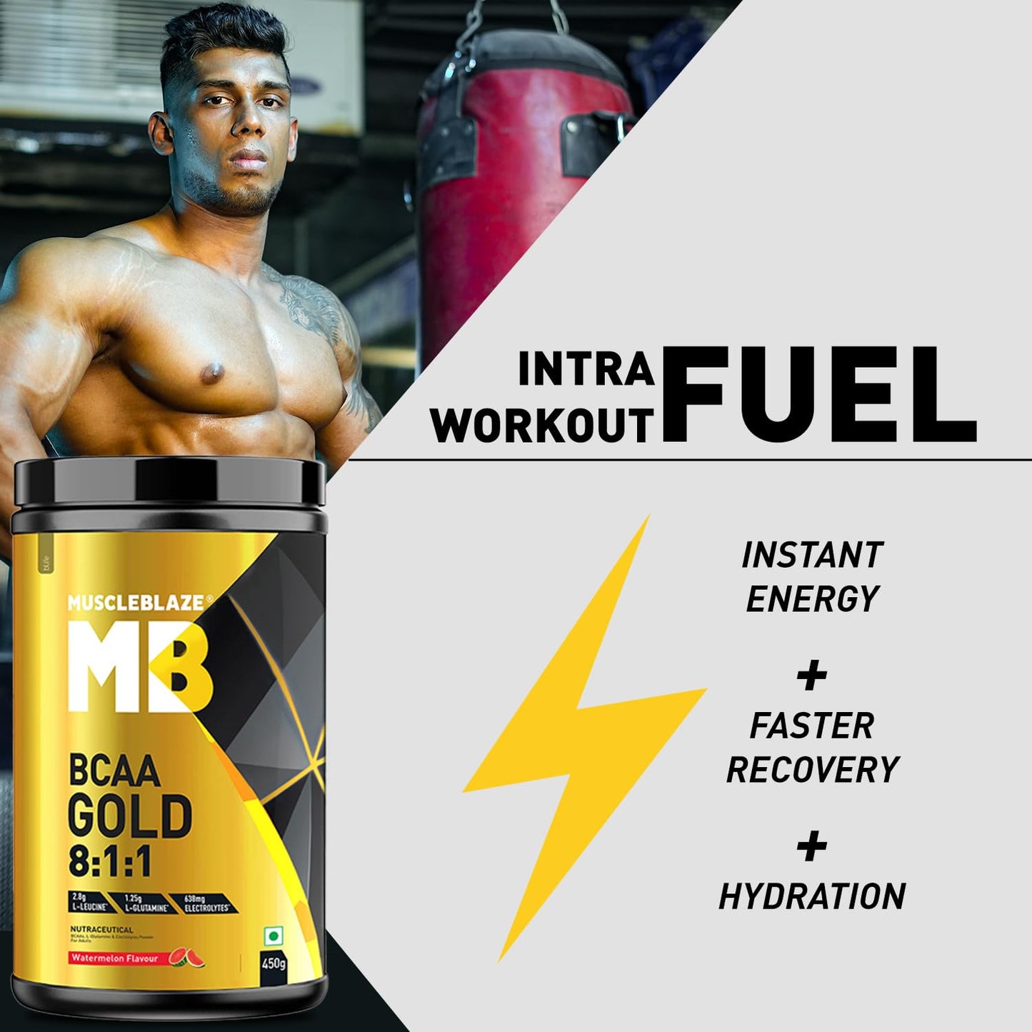 MuscleBlaze BCAA Gold 8:1:1 (450g, 60 Servings) | With Higher Leucine, Electrolytes & Glutamine