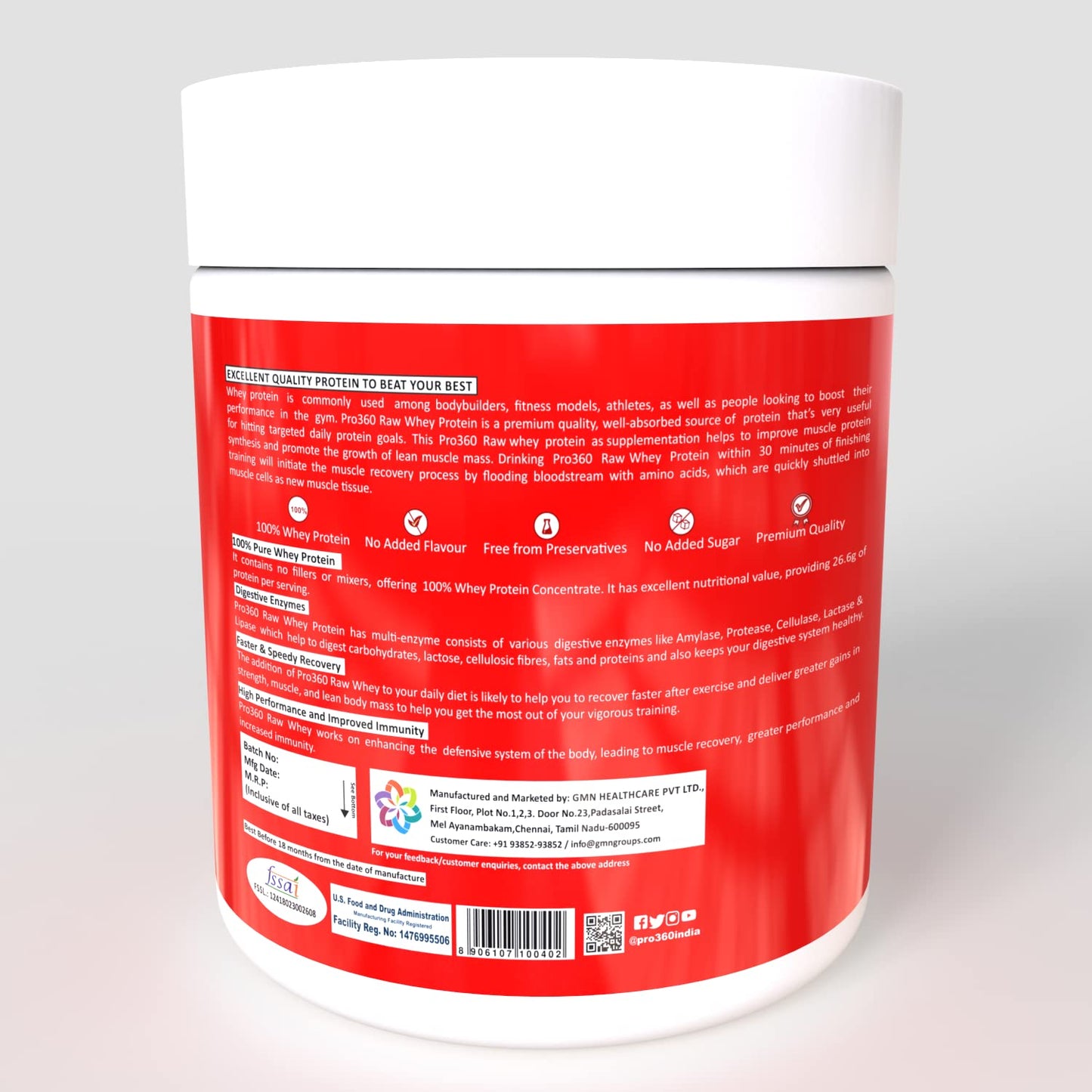 Pro360 Raw Whey Protein 100% - Unflavored - 250gm (100% Whey with Digestive Enzymes, 26.6g Protein, 5.97g BCAA, 4.7g Glutamic Acid per Serving)