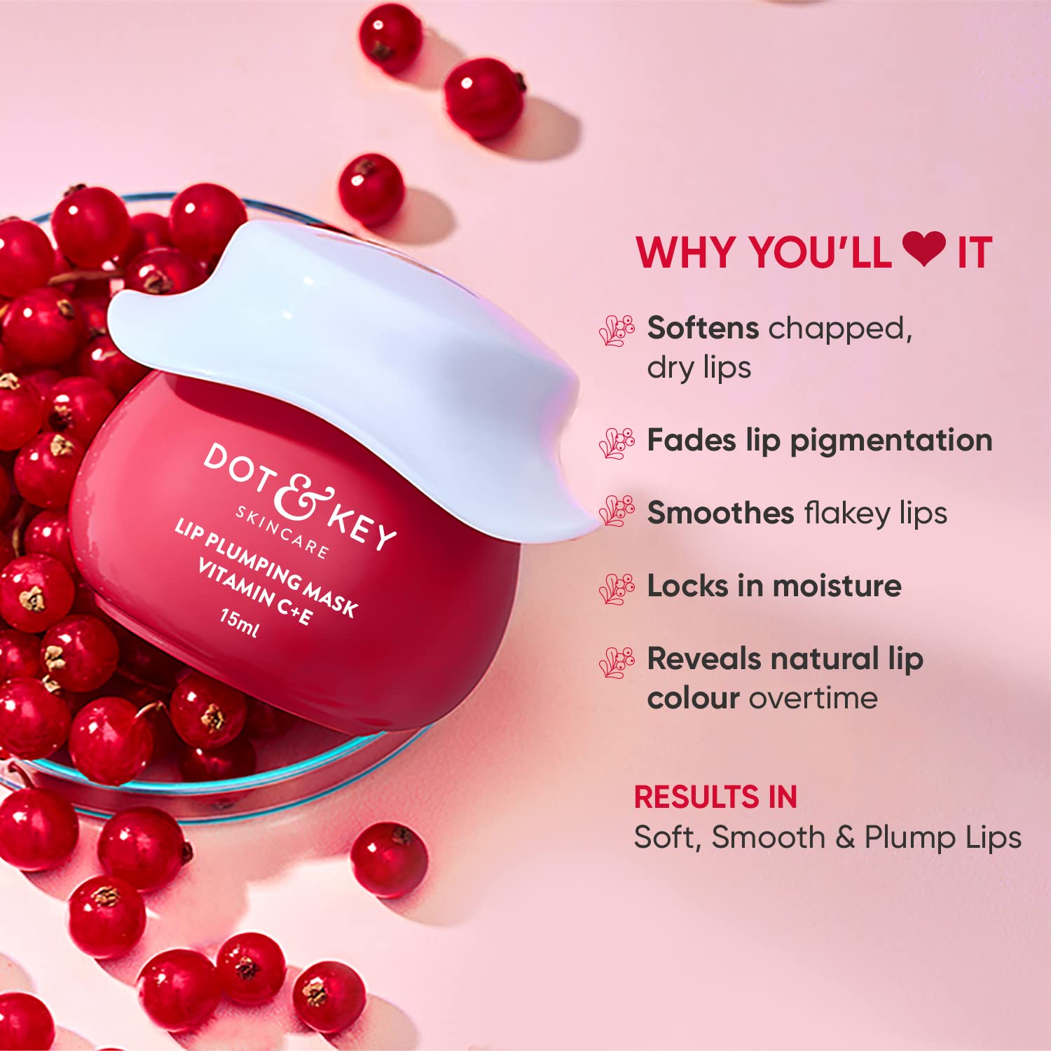 Zephivo DOT & KEY Dot&Key Lip Plumping Mask With Shea Butter&Vitamin C + E For Naturally Glowing Lips|Smoothes Flaky&Dry Lips|Lip Mask For Soft,Smooth&Plump Lips|(Lingonberry)|15Ml
