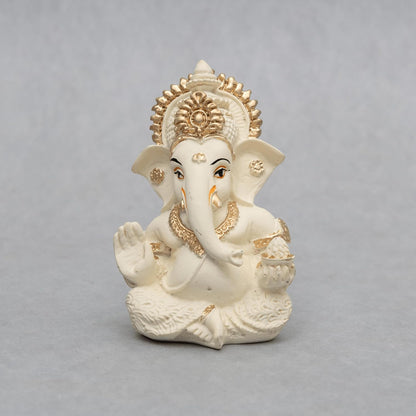 Lord Ganesha Idol for Car Dashboard, Home Decor & Pooja | Resin Gold Plated Ganpati Murti | 3.5 Inch Ganesh Statue for Gift, Diwali, Housewarming, Baby Shower, Mandir Decor, Off White, P -1