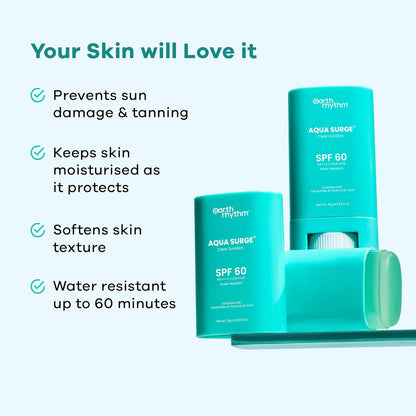 Earth Rhythm Aqua Surge Hydrating Sunstick SPF 60 PA++++. Ceramides & Hyaluronic Acid. No white Cast. No Parabens, Vegan.