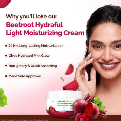 Mamaearth Beetroot Hydraful Light Moisturizing Cream with Beetroot & Hyaluronic Acid for Hydrated Pink Glow - 50 g | 24 Hrs Long-lasting Moisturization | For Face, Hand & Body | Non-Greasy & Quick Absorbing