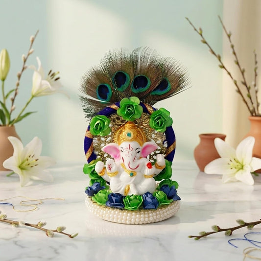 Resin Handcrafted Lord Ganesha Idol on Peacock Feather Floral Designer Plate, Divine Home Decor for Pooja Room, Car Dashboard | Gift for Diwali, Ganesh Chaturthi, Spiritual Enthusiasts