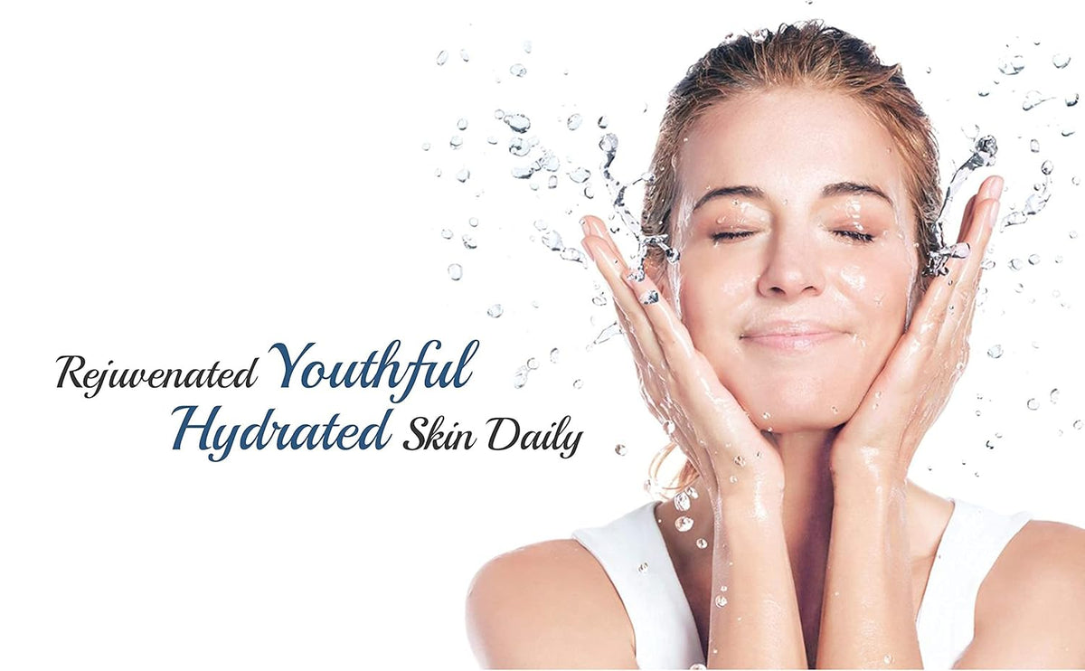 Woman with hydrated skin holding hands under water with text 'Rejuvenated Youthful Hydrated Skin Daily'.