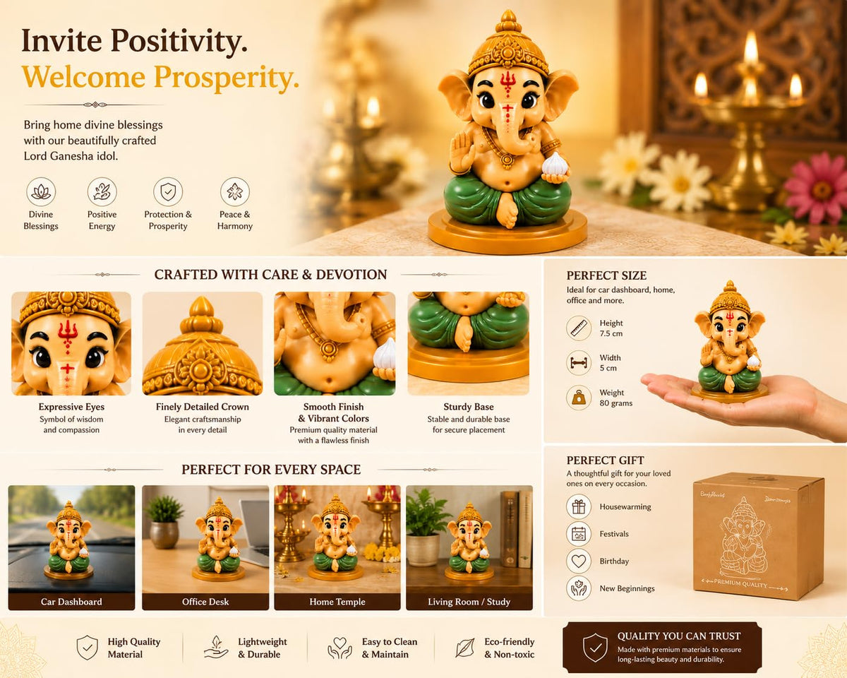 VASPAR Cute Baby Ganesha Idol for Car Dashboard | Premium Lord Ganesh Murti | Mini Ganpati Statue for Home Decor, Office Desk & Pooja Room | Spiritual Gift | Green