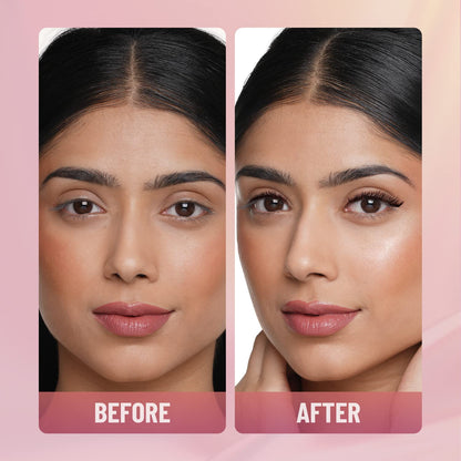 Before and after comparison of a woman's face with cosmetic application on a pink background