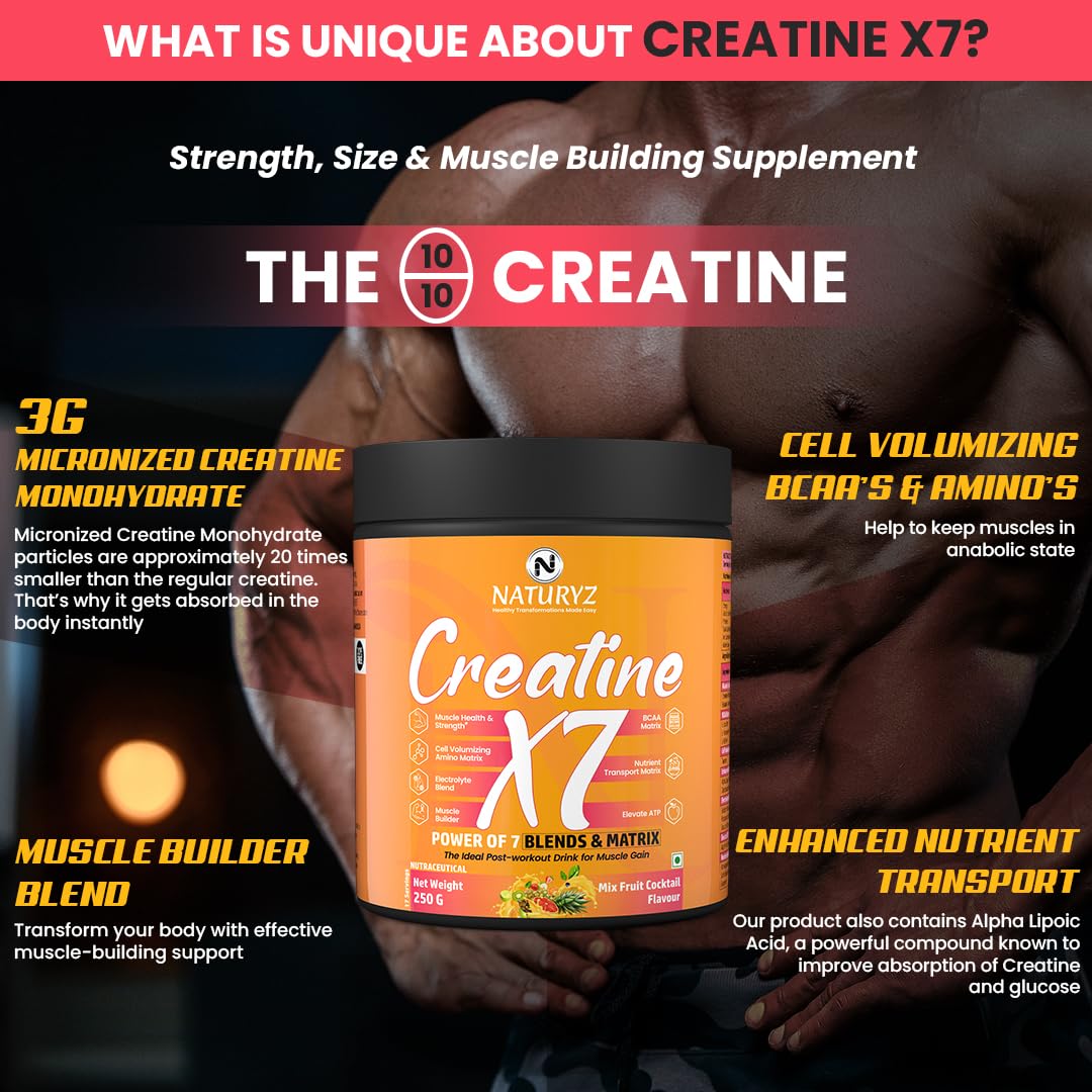 Naturz Creatine X7 supplement container with a muscular person in the background
