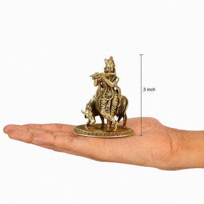 3 Inch Pure Brass Lord Krishna with Cow Idol | Flute Playing Kanha Murti for Mandir, Pooja Room, Home Temple, Pooja, Vastu & Spiritual Décor | Ideal for Diwali & Festive Gifting (Pack of 1)