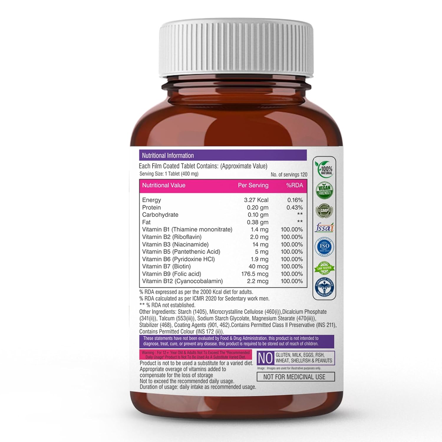 Brown supplement bottle with label on a white background