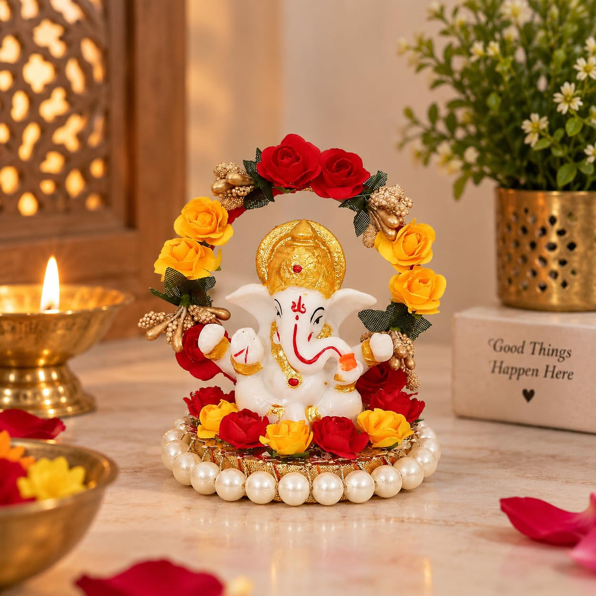 eCraftIndia Resin Lord Ganesha Idol On Decorative Rose Flower Plate| Ganesha Idol for Home Decor Car Dashboard| Ganesha Statue| Ganesh Murti| Ganpati Murti God Statue Gift for Diwali Housewarming