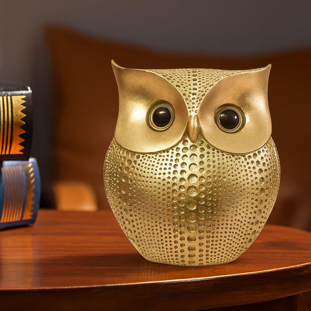 Modern Classy Lucky Owl Resin Art Figure Showpiece (Golden), 1 Piece