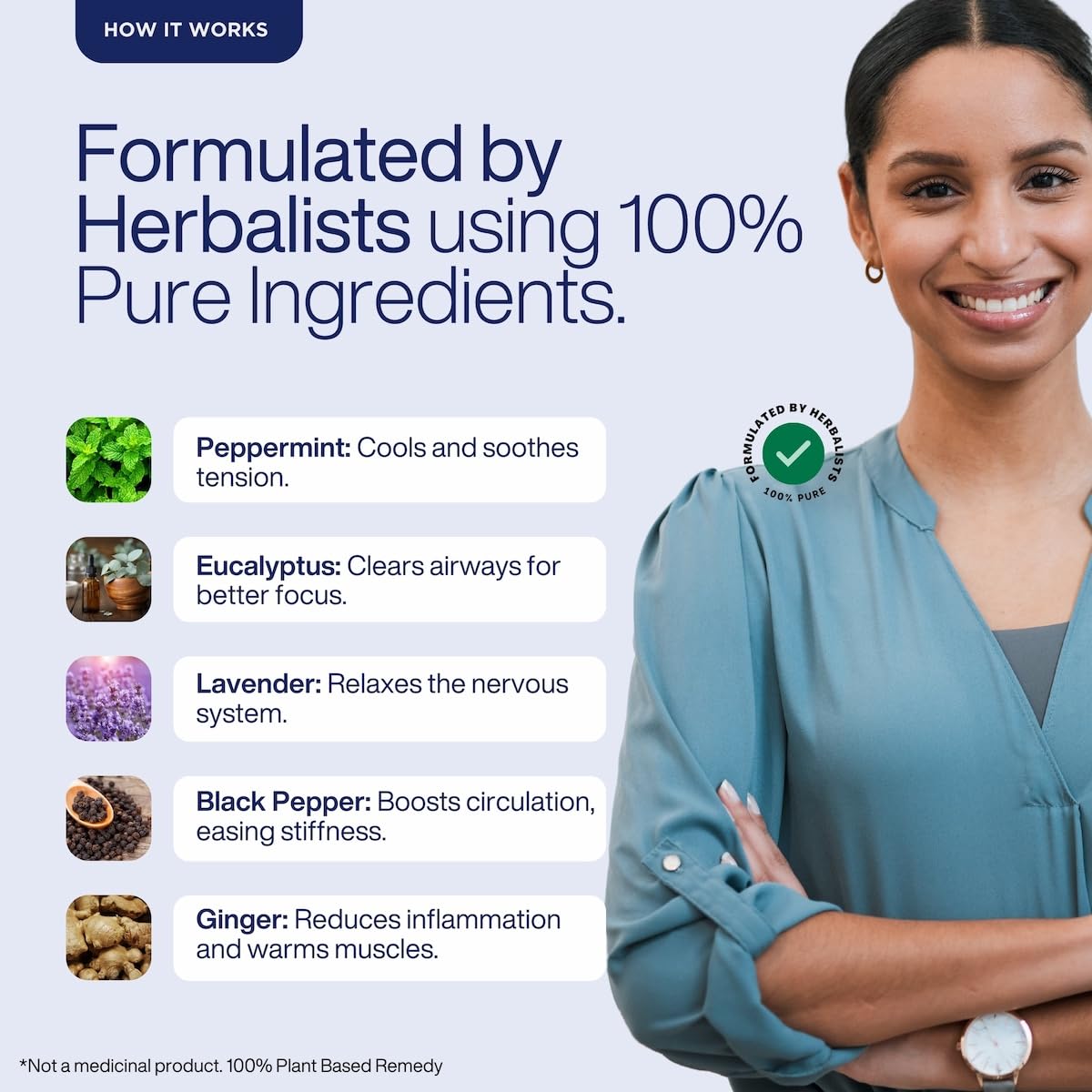 Product advertisement with a woman and listed ingredients on a light blue background