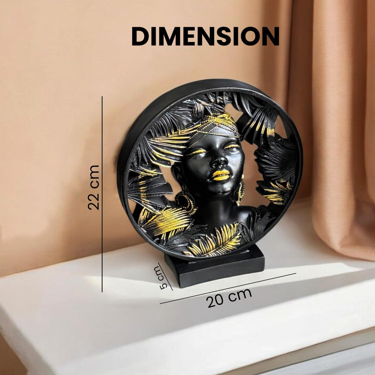 African Lady Round Halo Polyresin Showpiece 22 cm Black & Gold Palm-Leaf Circular Bust Statue Luxury Home Décor Figurine for Living Room Office Table Gift | Tabletop Decorative Showpiece