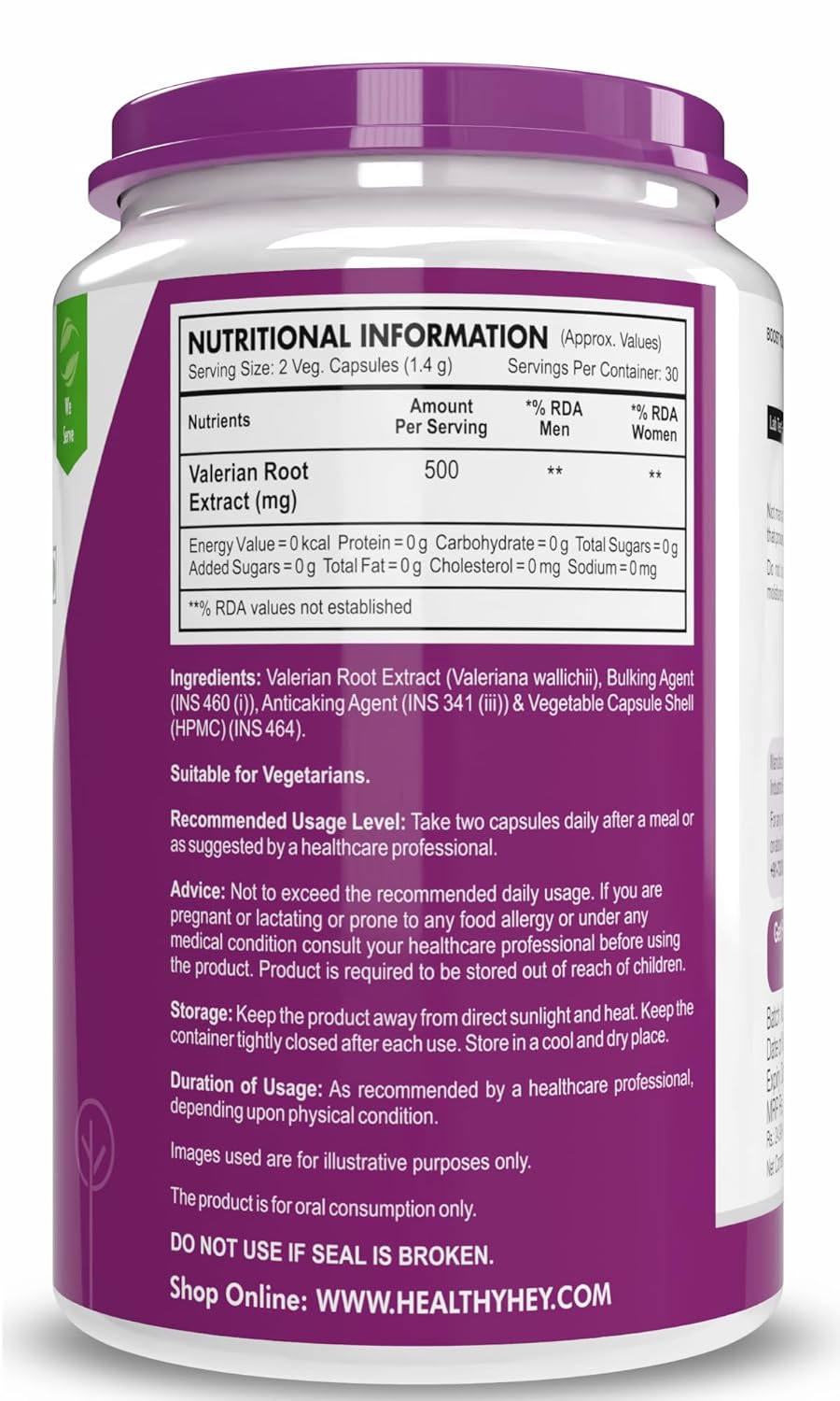 Supplement container with purple lid and label on a white background