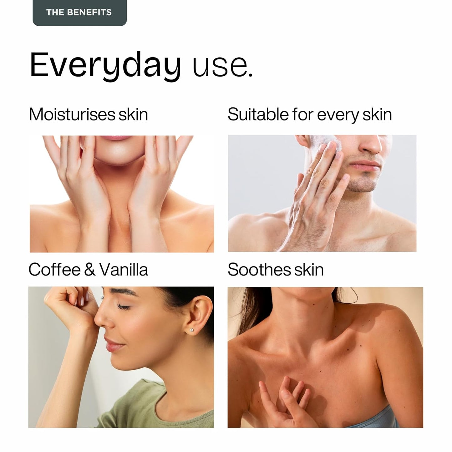 Product advertisement highlighting benefits for everyday use with images of people applying a product to their skin.