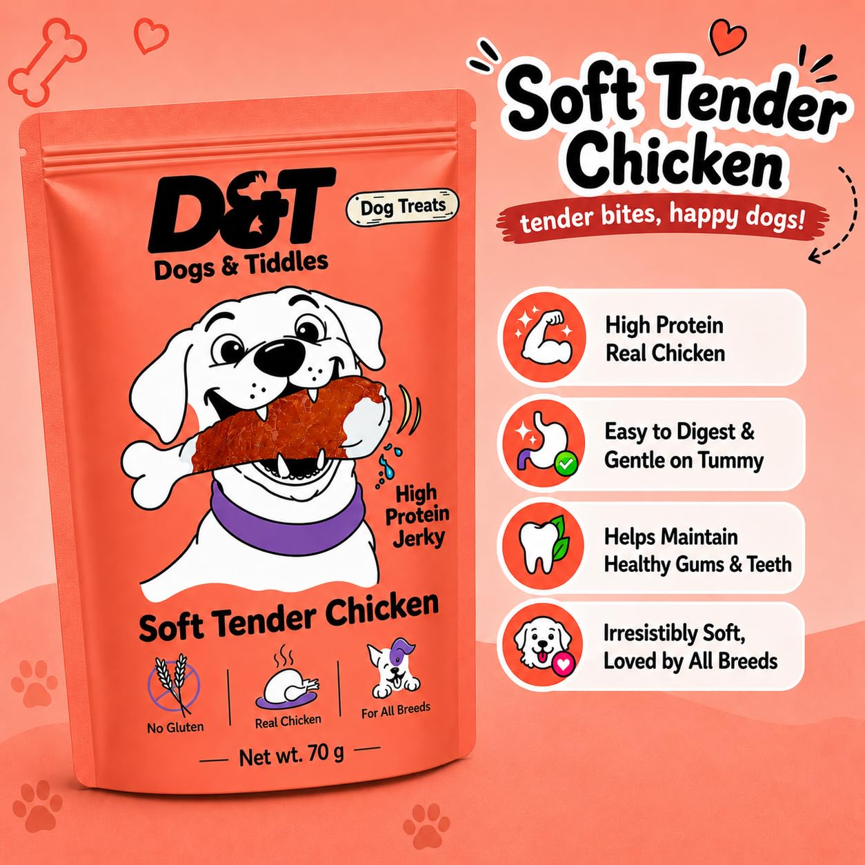 Dogs & Tiddles Soft Chicken Jerky Dog Treats for Puppies & Adult Dogs, 70g | Soft & Chewy High-Protein Dog Snacks | Grain-Free Training Treats & Puppy Rewards| Easily Digestible and Healthy