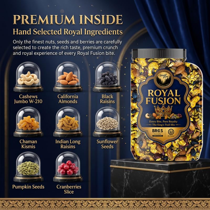 Forest Found Royal Fusion Dry Fruits Trail Mix - | Premium Dry Fruit Mix For Snacking | With Cashews, Almonds, Raisins, Cranberries, Sunflower & Pumpkin Seeds | No Palm Oil & Flavours
