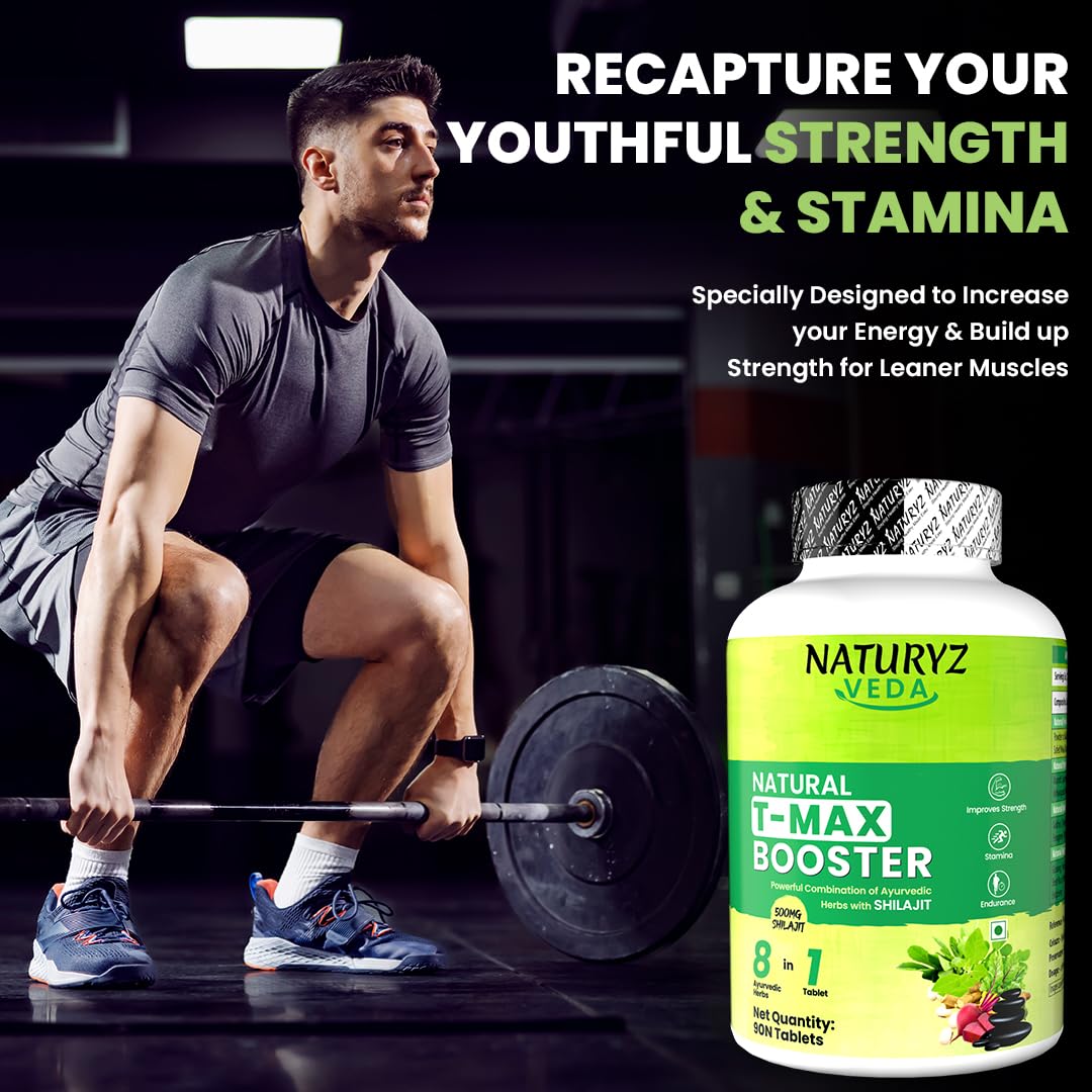 Man lifting weights with a bottle of Naturyz Veda T-Max Booster supplement in the foreground.