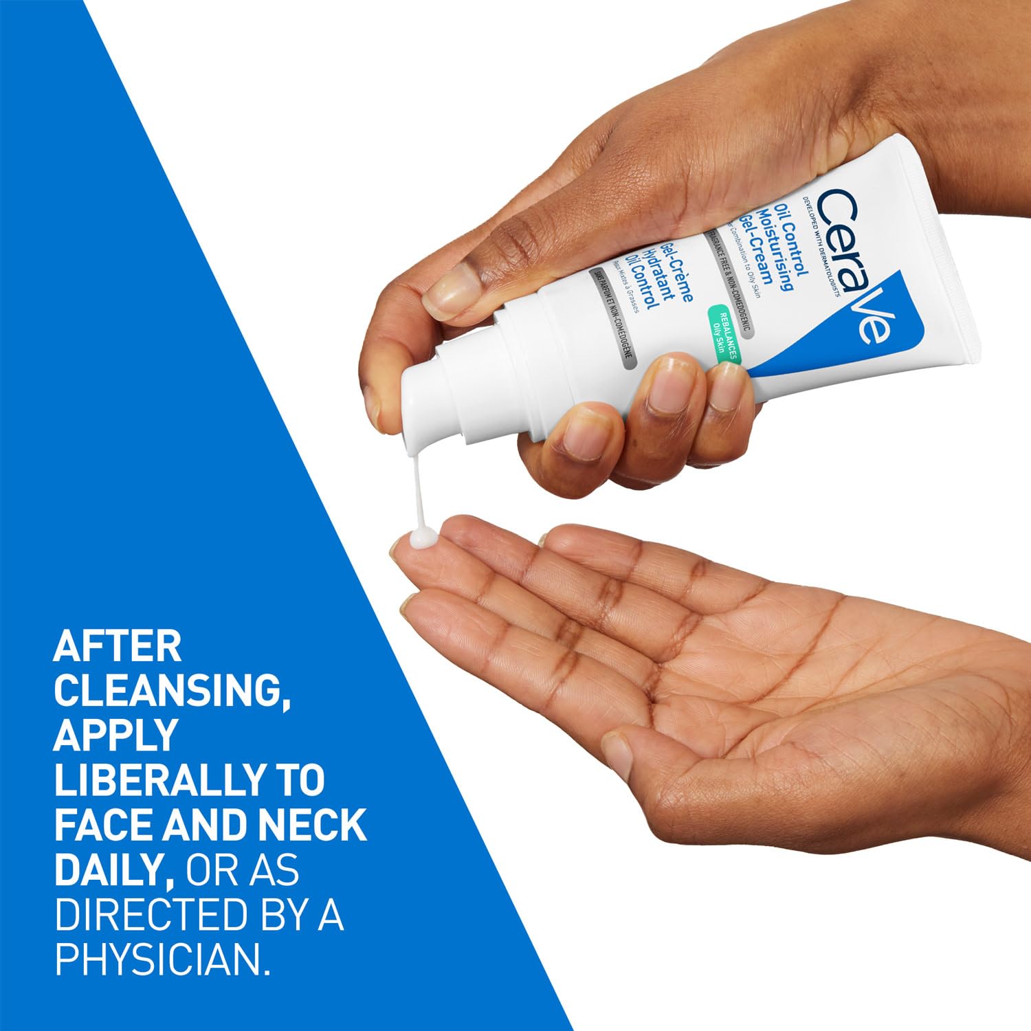 Hand applying CeraVe cream to another hand with a blue and white background