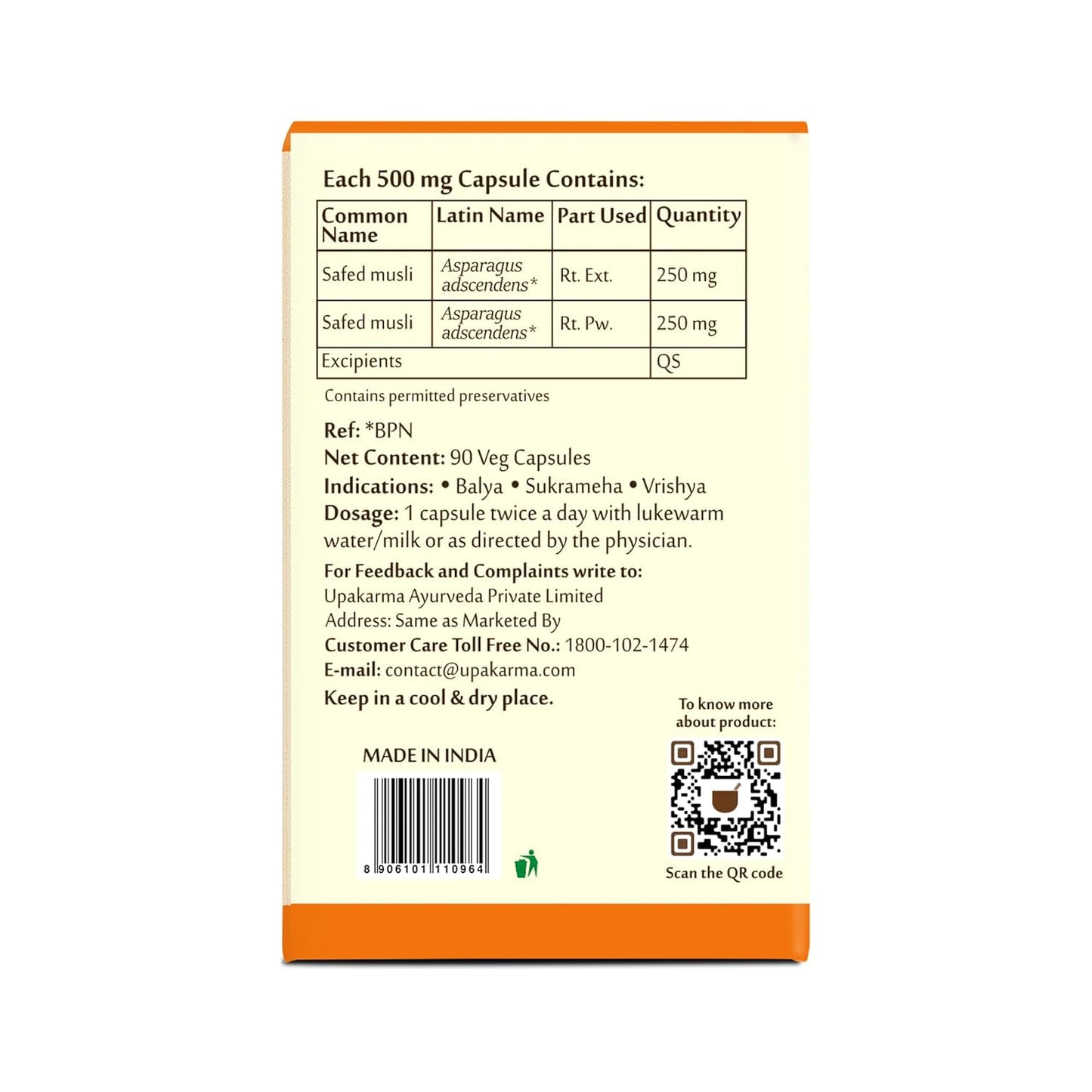 UPAKARMA Safed Musli Capsules (500 mg) | Stamina & Vitality Booster for Men | 90 Veg Capsules - Pack of 1
