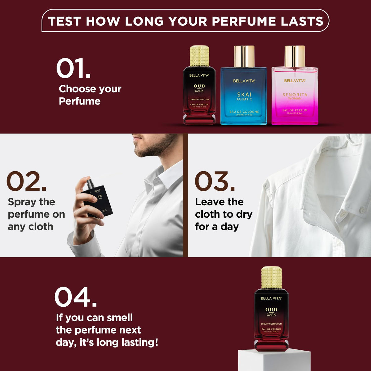 Instructions for testing perfume longevity with Bella Vibe products displayed.