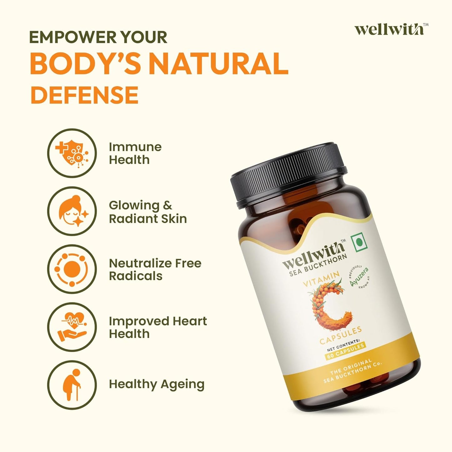 Wellwith Sea buckthorn Berry Powder Capsules – 60 Vegan Caps |Sea buckthorn capsules rich in Natural Vitamin C for Skin Glow & Collagen Boost | Pack of 1