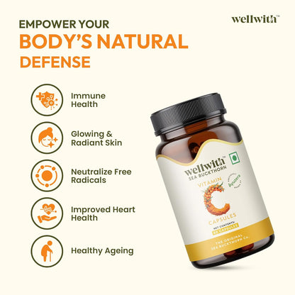 Wellwith Sea buckthorn Berry Powder Capsules – 60 Vegan Caps |Sea buckthorn capsules rich in Natural Vitamin C for Skin Glow & Collagen Boost | Pack of 1