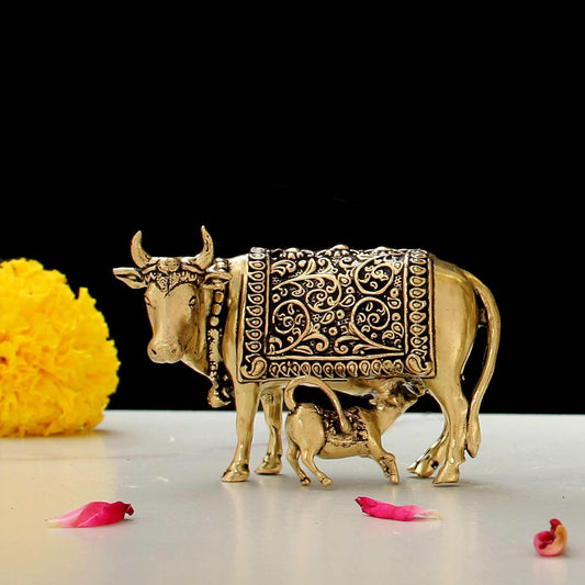 Handcrafted Brass Cow with Calf for Good Luck | 2" Kamdhenu Gau MATA Idol Spiritual Vastu Nandi Pooja Figurine Sculpture for Home and Office (Weight- 70gm)