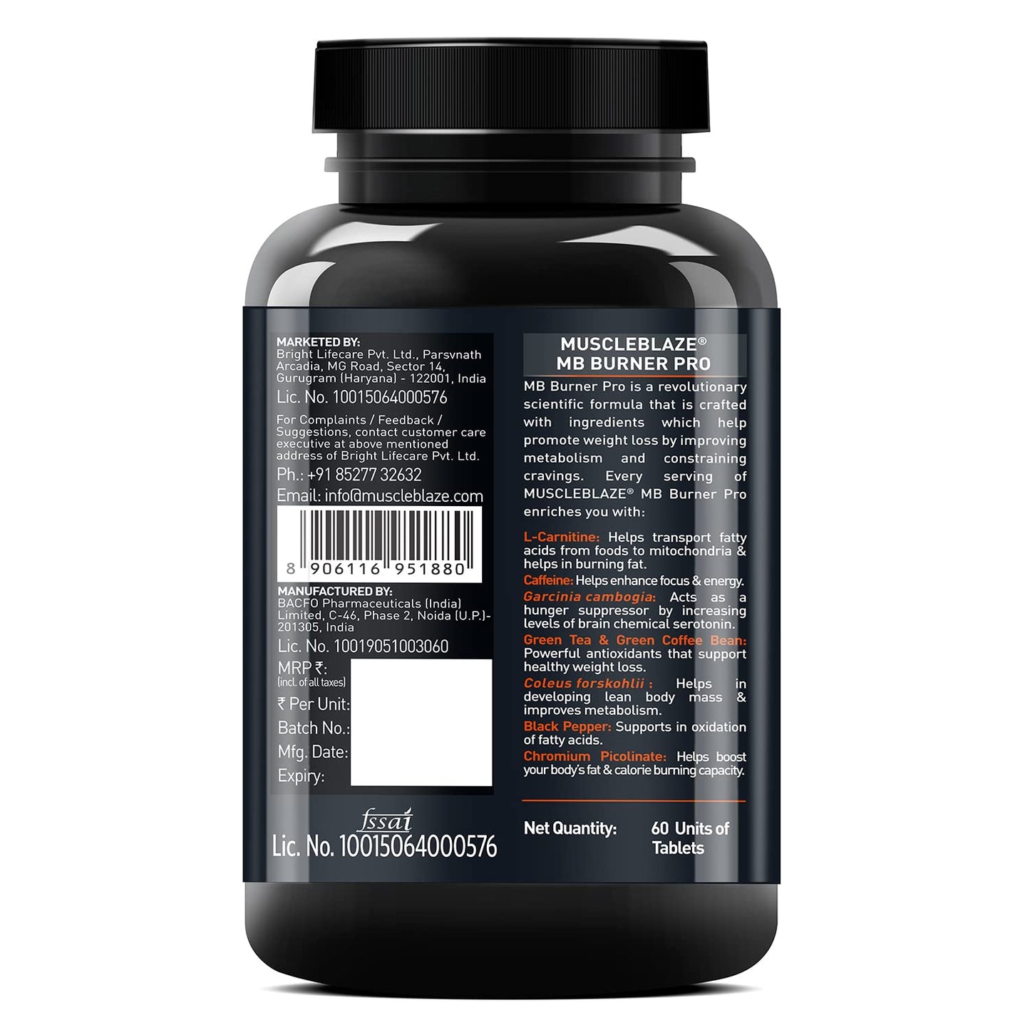 MuscleBlaze MB-Burner PRO (60 Tablets) | L- Carnitine, Garcinia Cambogia, Caffeine, Green Tea, Coleus Forskohlii, Green Coffee Bean, Black Pepper Extract with Chromium Picolinate