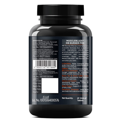 MuscleBlaze MB-Burner PRO (60 Tablets) | L- Carnitine, Garcinia Cambogia, Caffeine, Green Tea, Coleus Forskohlii, Green Coffee Bean, Black Pepper Extract with Chromium Picolinate