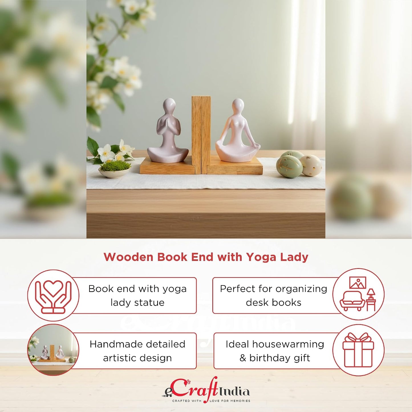 eCraftIndia Wooden Book End and Yoga Lady Statues Decorative Showpiece for Home Decor in Living Room Office