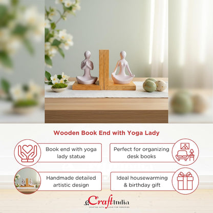 eCraftIndia Wooden Book End and Yoga Lady Statues Decorative Showpiece for Home Decor in Living Room Office