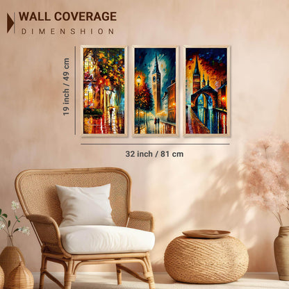 City View Decorative Modern Wall Art Print With Frame Abstract Paintings For Living Room Bed Room Hotel Wall Decor Digital Reprint Engineered Wood Set of 3 (Art 5, 10x19 inch)
