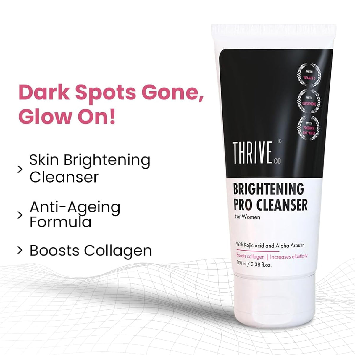 Thrive Skin Brightening Cleanser with product details on a white background