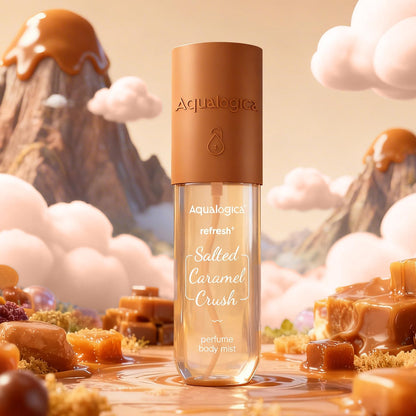 Aqualogica Refresh+ Perfume Body Mist - Salted Caramel Crush | Mouthwatering Gourmand Scent | Long Lasting Fragrance | Double Duty for Hair & Body | Non-Irritating & Hydrating | Infused with Zemea & Hyaluronic Acid | For Men & Women | 150 ml