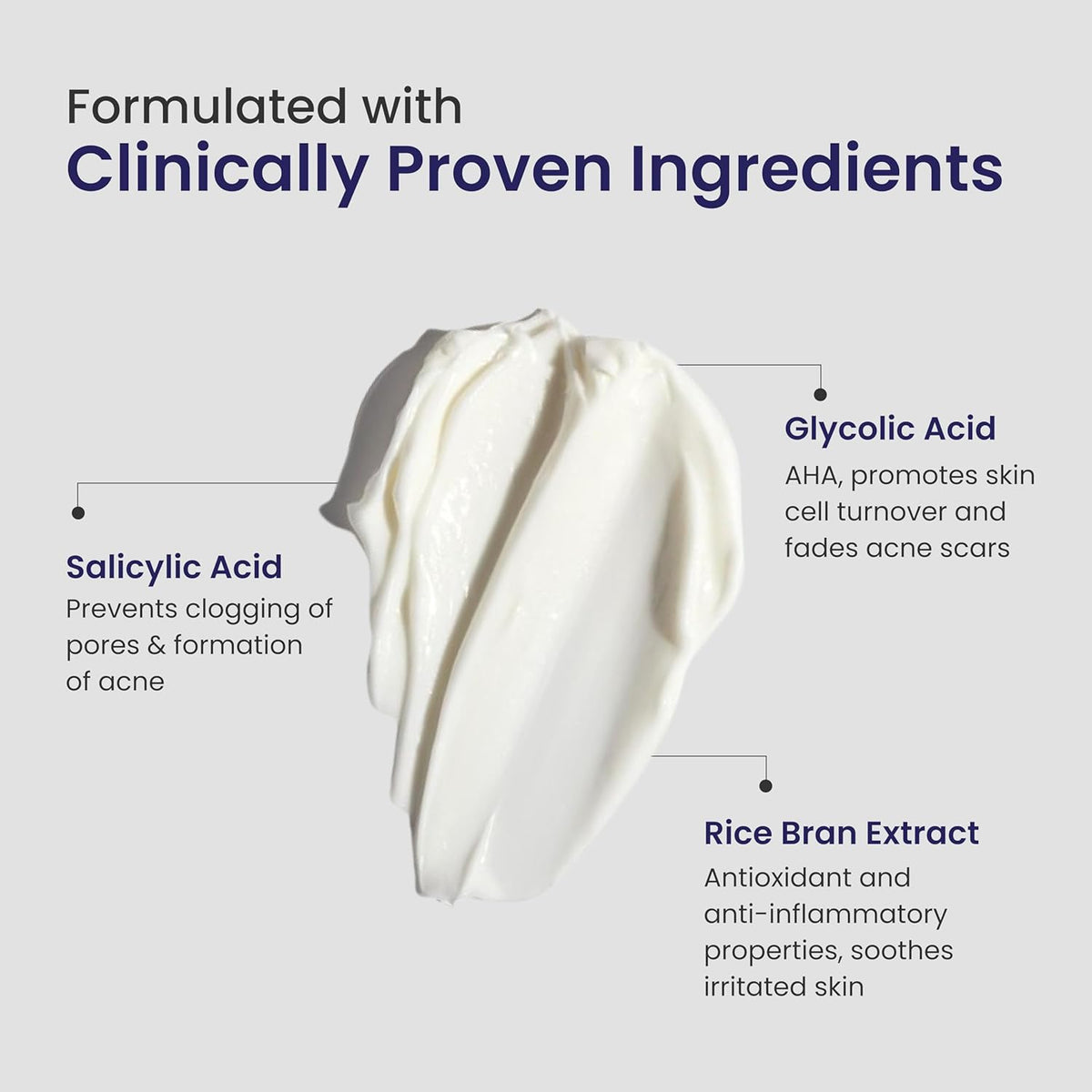 Skincare product with text detailing clinically proven ingredients on a light gray background