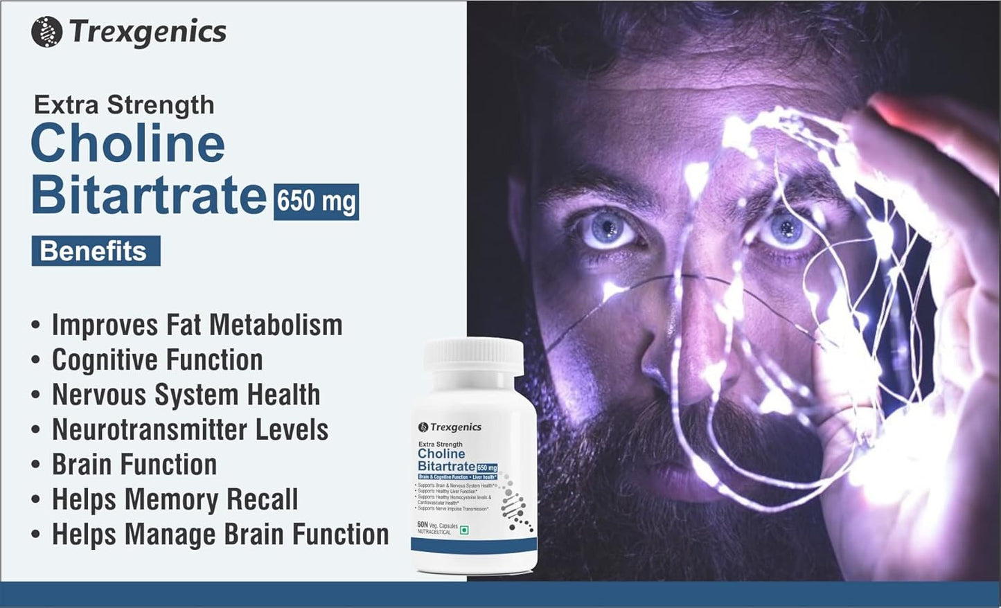 Trexgenics CHOLINE BITARTRATE 650 mg Cognitive Function, Fat Metabolism, Brain & Nervous System Health Support VEGAN & NON-GMO (60 Veg. Capsules) (Pack of 1)