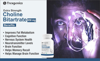 Trexgenics CHOLINE BITARTRATE 650 mg Cognitive Function, Fat Metabolism, Brain & Nervous System Health Support VEGAN & NON-GMO (60 Veg. Capsules) (Pack of 1)