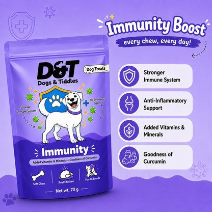 Dogs & Tiddles Immunity Dog Treats for Puppies & Adult Dogs, 70g | Soft & Chewy Real Chicken Puppy Treats | with Curcumin, Vitamins & Minerals | Supports Immune Health