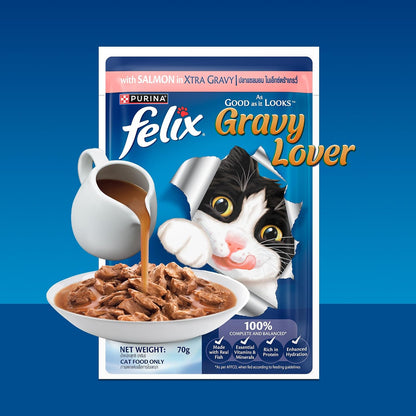 Purina Felix Salmon Gravy Lover, Wet Food for Adult Cats, 70g Pouch | With Salmon in Gravy, Tasty Meaty Chunks, 100% Complete & Balanced Nutrition, Vitamins D & E, Omega 6, Essential Minerals