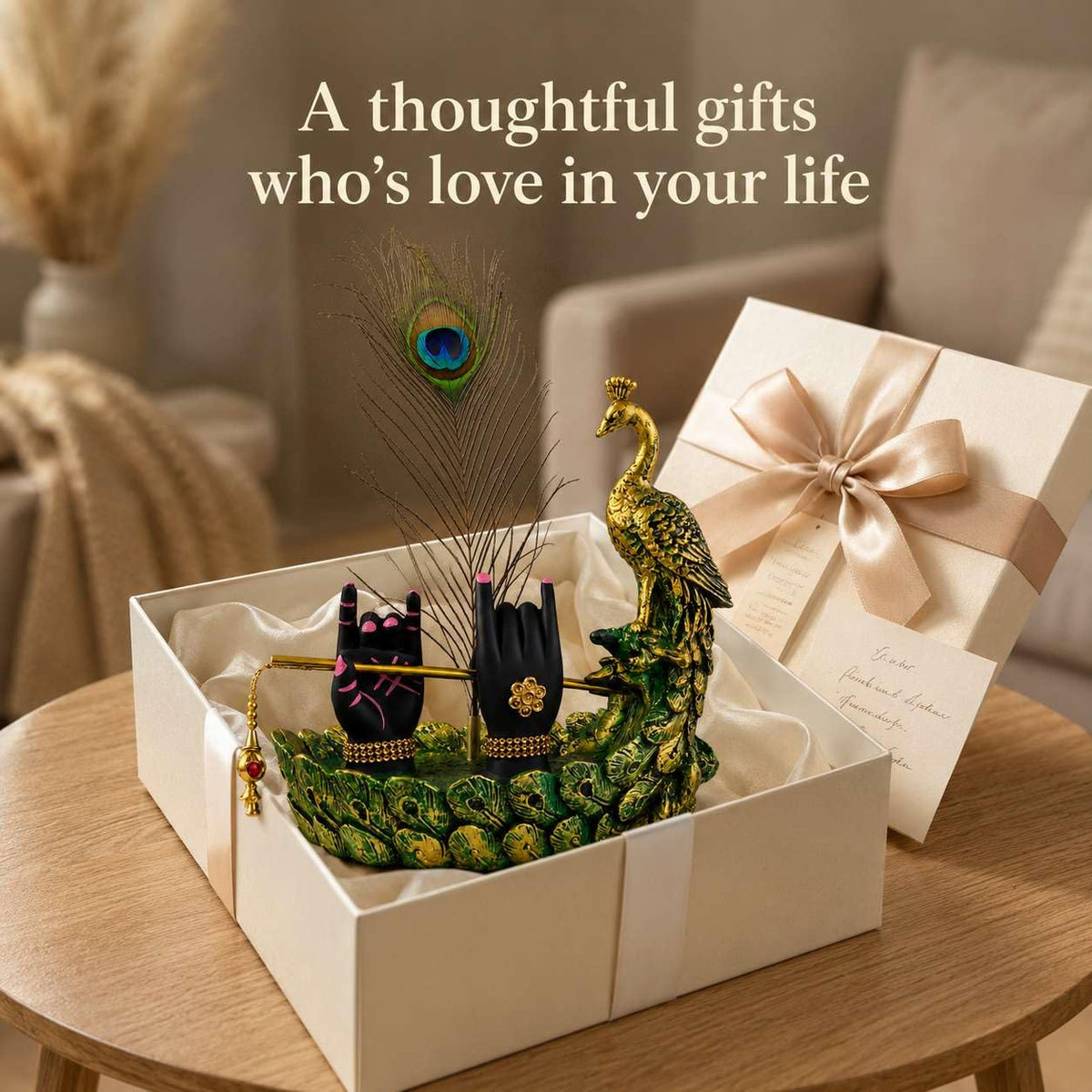 Krishna Hand Mor Pankh Showpiece for Home Decor, Lord Krishna Decorative Statue with Peacock Feather & Flute Design, Spiritual Idol for Living Room, Pooja & Gifting (Green, 22cm)