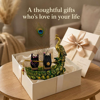 Krishna Hand Mor Pankh Showpiece for Home Decor, Lord Krishna Decorative Statue with Peacock Feather & Flute Design, Spiritual Idol for Living Room, Pooja & Gifting (Green, 22cm)