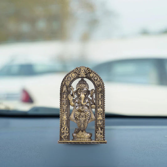 Ganesh with Frame Idol for Car Dashboard – Brass Finish Compact Ganpati Ji Murti for Temple, Car & Office Decor (S913-BRS)