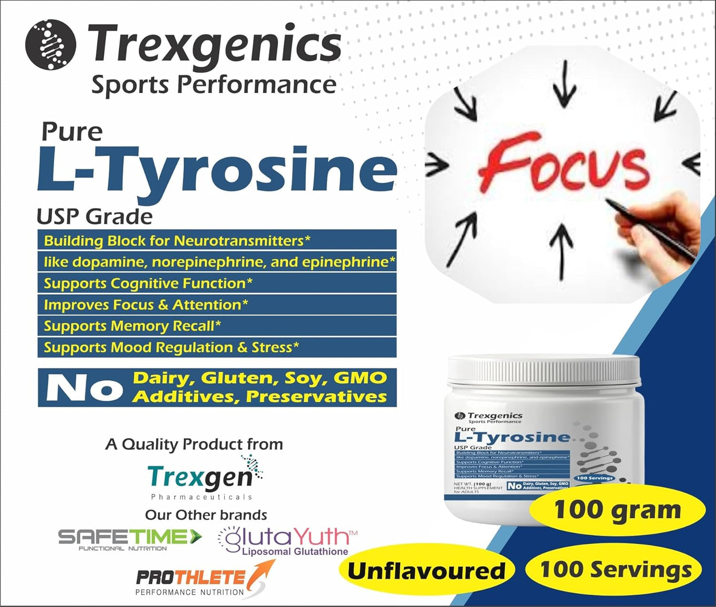 Trexgenics L-TYROSINE PURE POWDER USP grade Neurotransmitter production, Cognitive Function, Focus, Attention, Memory, Stress Support (100 gram)
