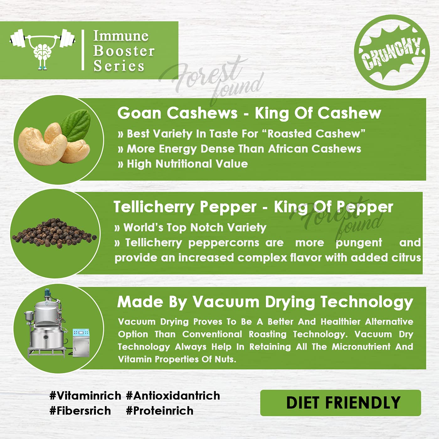 Forest Found Tellicherry Pepper Roasted Cashews (400g) | 100% Oil-Free & Dry Roasted | Jumbo Premium Kaju Nuts | Low Sodium Gourmet Healthy Snack | Black Pepper Seasoned Roasted Cashews