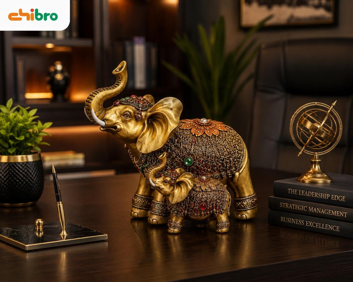 Decorative Elephant Showpiece for Home Décor | Resin Lucky Elephant Statue with Mother & Baby Design | Tabletop Feng Shui Good Luck Idol (Golden Elephant Family)