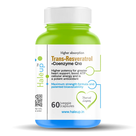 Haleup Trans Resveratrol, 500 mg || 60 capsules II Enriched with Coenzyme Q10 || Healthy Heart|| Brain|| Immunity