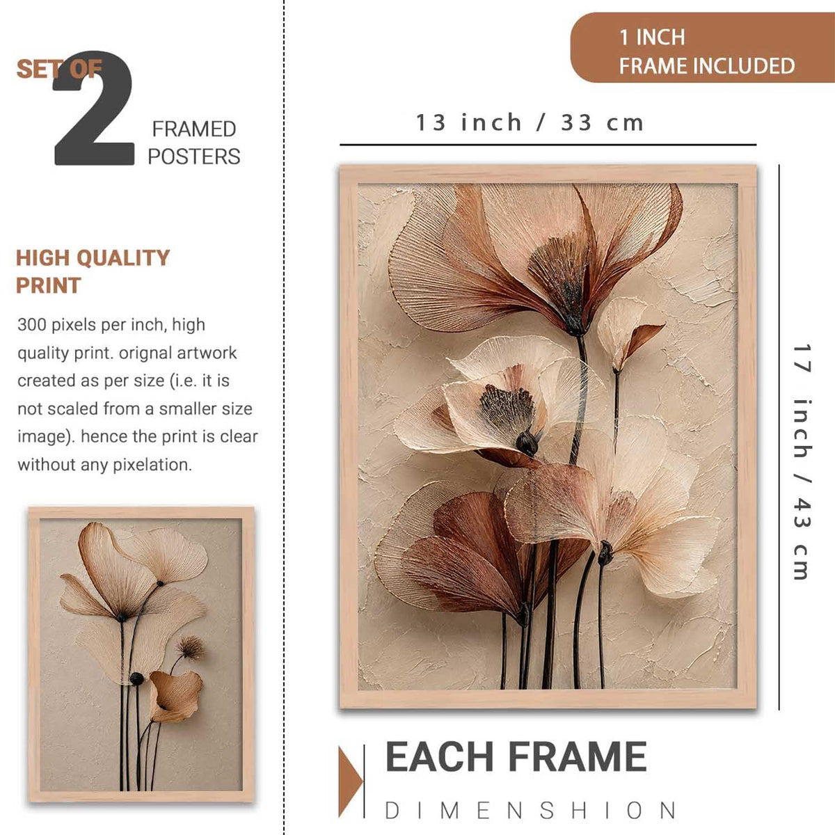 2 Piece Framed Wall Art Set, 3D Textured Floral Botanical Painting, Modern Abstract Flower Wall Decor for Living Room Bedroom Dining Room Office, Ready to Hang, Ideal for Housewarming Gift (design 2, 13X19, Brown)