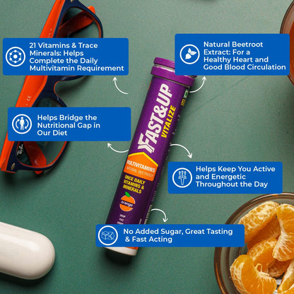 Purple supplement tube with text on a green background